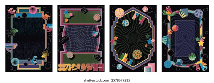 Abstract Posters Template Set, 3D Abstraction Geometric Shapes, Colorful Backgrounds for Posters, Covers, Illustrations