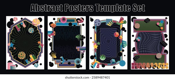 Abstract Posters Template Set, 3D Abstraction Geometric Shapes, Colorful Backgrounds for Posters, Covers, Illustrations