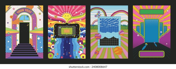 Abstract Posters Template Set, Psychedelic Colors and Shapes Backgrounds, Windows, Doors, Portals, Rainbows, Flowers
