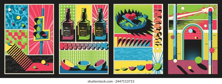 Conjunto de Plantilla de pósters Abstractas. Semáforos, Escaleras, Botellas de Whisky, Trampa, Corazón, Arco, Formas Geométricas, Fondos de colores 