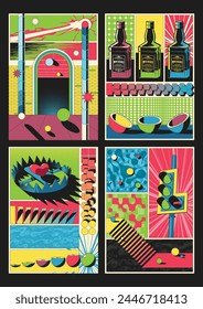Abstract Posters Template Set. Whiskey Bottles, Trap with Heart, Traffic Light, Stairs and Arch. 1980s Colors, Abstract Geometric Shapes 
