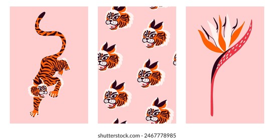 Abstract posters with tiger, tiger lily and seamless pattern with tiger head. Cartoon vector illustration for cover, postcard, stickers, t shirt.