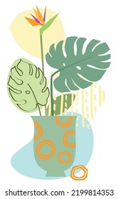 Afiches abstractos con jarrones. Collage de vida a la moda con olla, fruta, jarrón y hoja de palma tropical