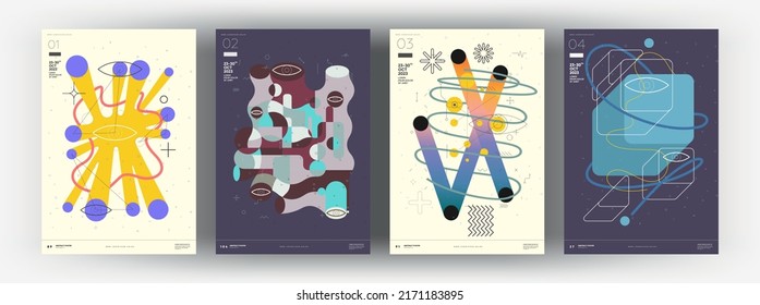 Abstract posters. Vector trendy illustrations of geometric shapes. Memphis and Bauhaus style designs. Modern paintings for interior.