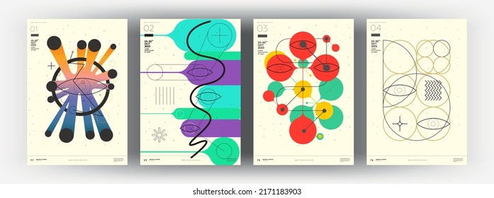 Abstract posters. Vector trendy illustrations of geometric shapes. Memphis and Bauhaus style designs. Modern paintings for interior.