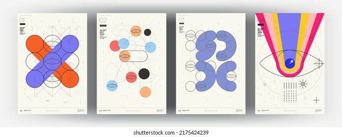 Abstract posters. Vector trendy illustrations of geometric shapes. Memphis and Bauhaus style designs. Modern paintings for interior.