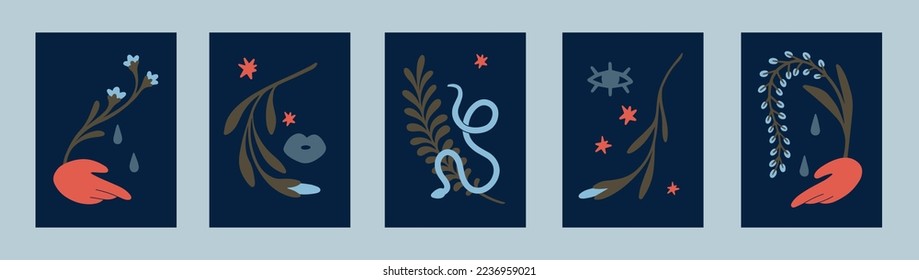Abstract posters, wall arts set. Modern floral pictures, trendy interior decor with flowers, leaf, branches, eye, mystic elements in minimalistic style. Contemporary flat vector illustrations