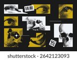 Abstract postmodern design elements: halftone skulls, eyes, lips in geometric shapes. EPS10 vector.