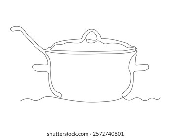 Abstract pot of soup and a ladle. continuous single line art drawing sketch, logo