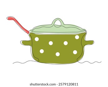 Abstract pot of soup and a ladle. continuous single line art drawing sketch, logo