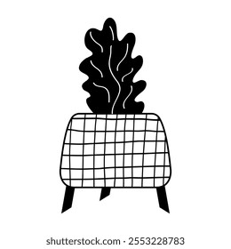 An abstract potted houseplant. Stylish contour drawing. The black silhouette of the plant. Floral interior poster, print on clothes, icon, logo.