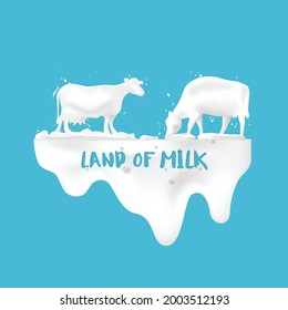 Abstract pour milk and with cows in the meadow, concept of dairy products for advertising, vector illustration and design.