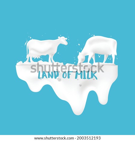 Abstract pour milk and with cows in the meadow, concept of dairy products for advertising, vector illustration and design.