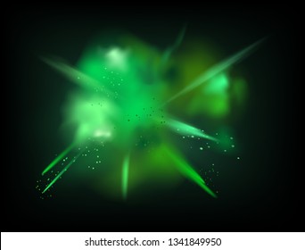 Abstract powder splatted vector background. Green powder explosion on dark background