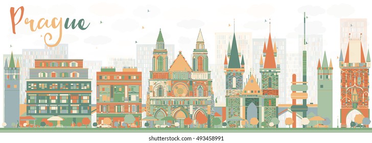 Abstract Prague Skyline with Color Buildings. Vector Illustration. Business Travel and Tourism Concept with Historic Architecture. Image for Presentation Banner Placard and Web Site.