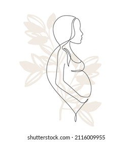 Abstract pregnant woman continuous line drawing on floral background. Pregnancy, motherhood modern concept art. Mom holding her pregnant belly Hand drawn illustration for Happy Woman's or Mother`s Day