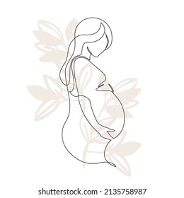 Abstract pregnant woman continuous line drawing on floral background. Pregnancy, motherhood modern concept art. Mom holding her pregnant belly Hand drawn illustration for Happy Woman's or Mother`s Day