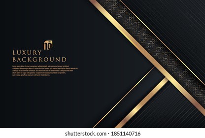 Resumen de capas de solapamiento geométrico negro premium con rayas doradas y luz brillante sobre fondo oscuro. Lujo y elegancia con espacio para copiar. Ilustración del vector