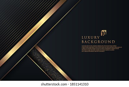 Abstract premium black geometric overlap layers with stripe golden line and glitter lighting on dark background. Luxury and elegant background with copy space. Vector illustration