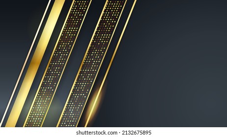 Abstract premium black geometric overlap layers with stripe golden line and glitter lighting on dark background. Luxury and elegant background with copy space. Vector illustration halftone decoration