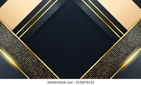 Abstract premium black geometric overlap layers with stripe golden line and glitter lighting on dark background. Luxury and elegant background with copy space. Vector illustration halftone decoration