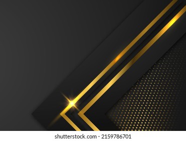 Abstrakte, hochwertige, geometrische Überlappungsebenen mit Streifen, goldener Linie, Luxusstil auf dunklem Hintergrund mit Kopienraum