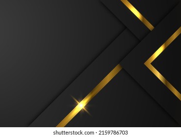 Abstract Premium Black Geometric Overlap Layers with Stripe Golden Line Luxury Style on Dark Background with Copy Space