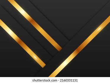 Abstract Premium Black Geometric Overlap Layers with Stripe Golden Line Luxury Style on Dark Background with Copy Space
