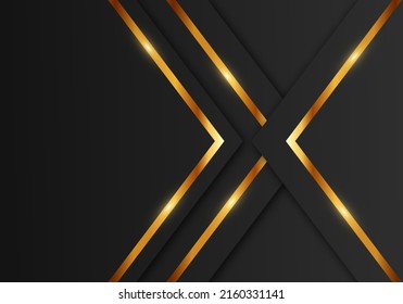 Abstrakte, hochwertige, geometrische Überlappungsebenen mit Streifen, goldener Linie, Luxusstil auf dunklem Hintergrund mit Kopienraum