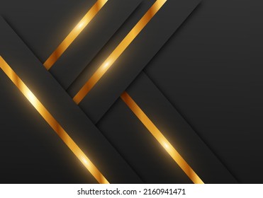 Resumen de capas sobrepuestas geométricas premium de color negro con estilo de lujo de línea dorada Stripe sobre fondo oscuro con espacio de copia