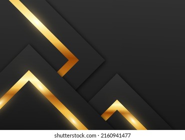 Resumen de capas sobrepuestas geométricas premium de color negro con estilo de lujo de línea dorada Stripe sobre fondo oscuro con espacio de copia