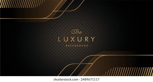 Abstractas negro premium capas de superposición geométrica con línea dorada a rayas sobre fondo oscuro. Fondo de lujo y elegante con espacio de copia. Ilustración vectorial