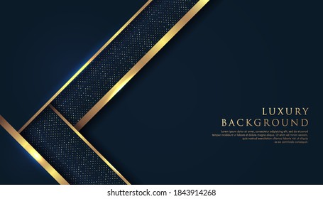 Resumen de capas de solapamiento geométrico azul premium con línea dorada de rayas e iluminación sobre fondo azul marino oscuro. Lujo y elegancia. Ilustración del vector