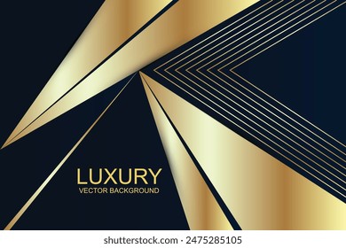 Abstractas capas de superposición geométrica azul premium con línea dorada a rayas e iluminación brillante sobre fondo oscuro. Fondo de lujo y elegante