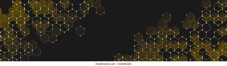 Abstract premium gold dots and hexagon technology pattern on dark background. Geometric vector hexagon shape elements for presentation or gift card. Medical, science, network, or technology design