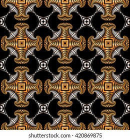 Abstract premium seamless pattern with golden and silver decorative ornament on black background