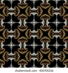 Abstract premium seamless pattern with golden, silver and bronze decorative elements on black background