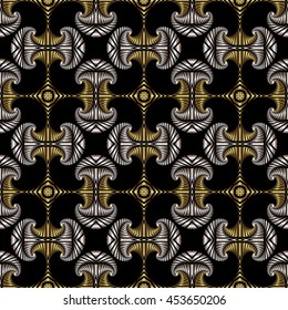 Abstract premium seamless pattern with golden and silver decorative ornament on black background