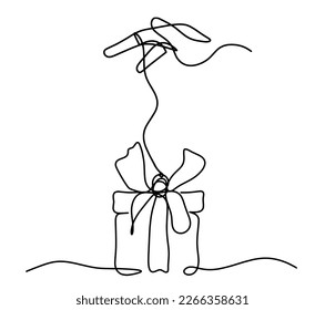 Abstract present box and hand as continuous line drawing on white background. Vector