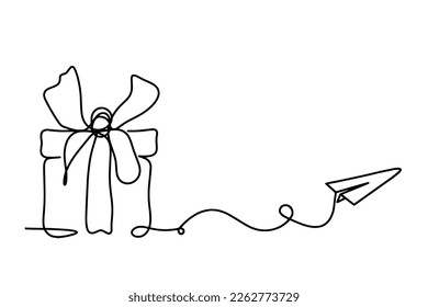 Abstract present box and paper plane as continuous line drawing on white background. Vector