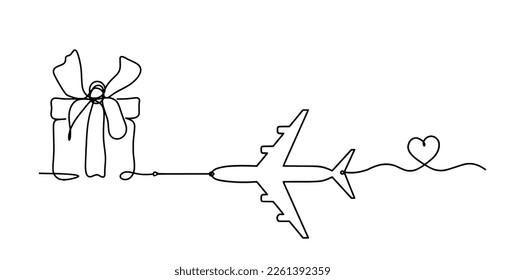 Abstract present box and plane as continuous line drawing on white background. Vector
