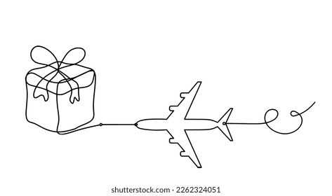 Abstract present box and plane as continuous line drawing on white background. Vector