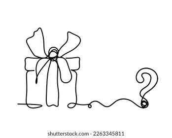 Abstract present box and question mark as continuous line drawing on white background. Vector