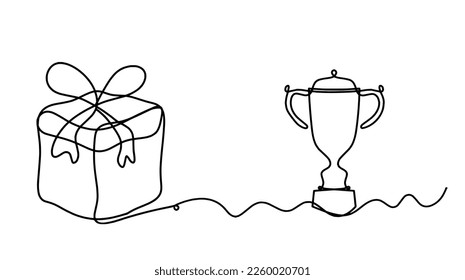 Abstract present box and trophy as continuous line drawing on white background. Vector