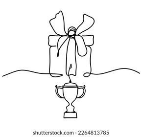 Abstract present box and trophy as continuous line drawing on white background. Vector