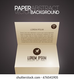 Abstract presentation infographic concept with bent paper text and business icons on dark background isolated vector illustration