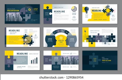 Abstract Presentation Templates, Infographic Black & Yellow elements Template set, Jigsaw puzzle pieces & Human head Vector, Path to goal, Concept growth to success, Start up, Reach the target