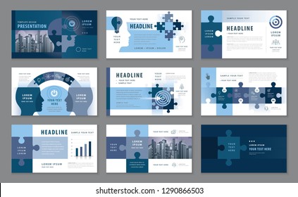 Abstract Presentation Templates, Infographic Blue Elements Template Design Set, Jigsaw Puzzle Pieces & Human Head Background Vector, Path To Goal, Concept Growth To Success, Start Up, Reach The Target