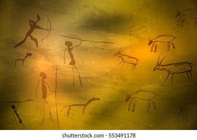 Abstract primitive art - stylized drawing of prehistoric hunters and animals. Vector illustration.