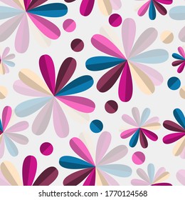 Abstract primitive flowers of different sizes with multi-colored petals and two-tone circles randomly arranged on a light background. abstract seamless pattern. vector
